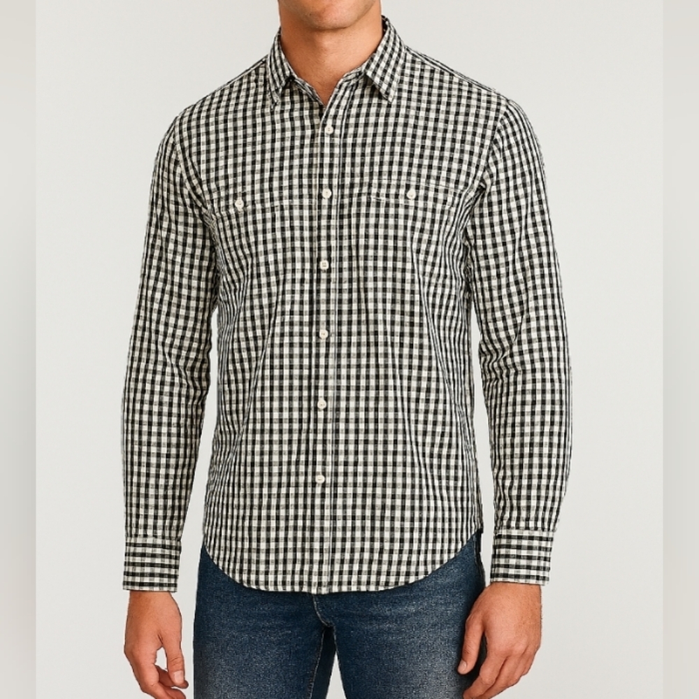 Tommy Hilfiger Gingham Plaid Fit Camp Shirt W/Roll Up Sleeve Tabs Blk Wh L